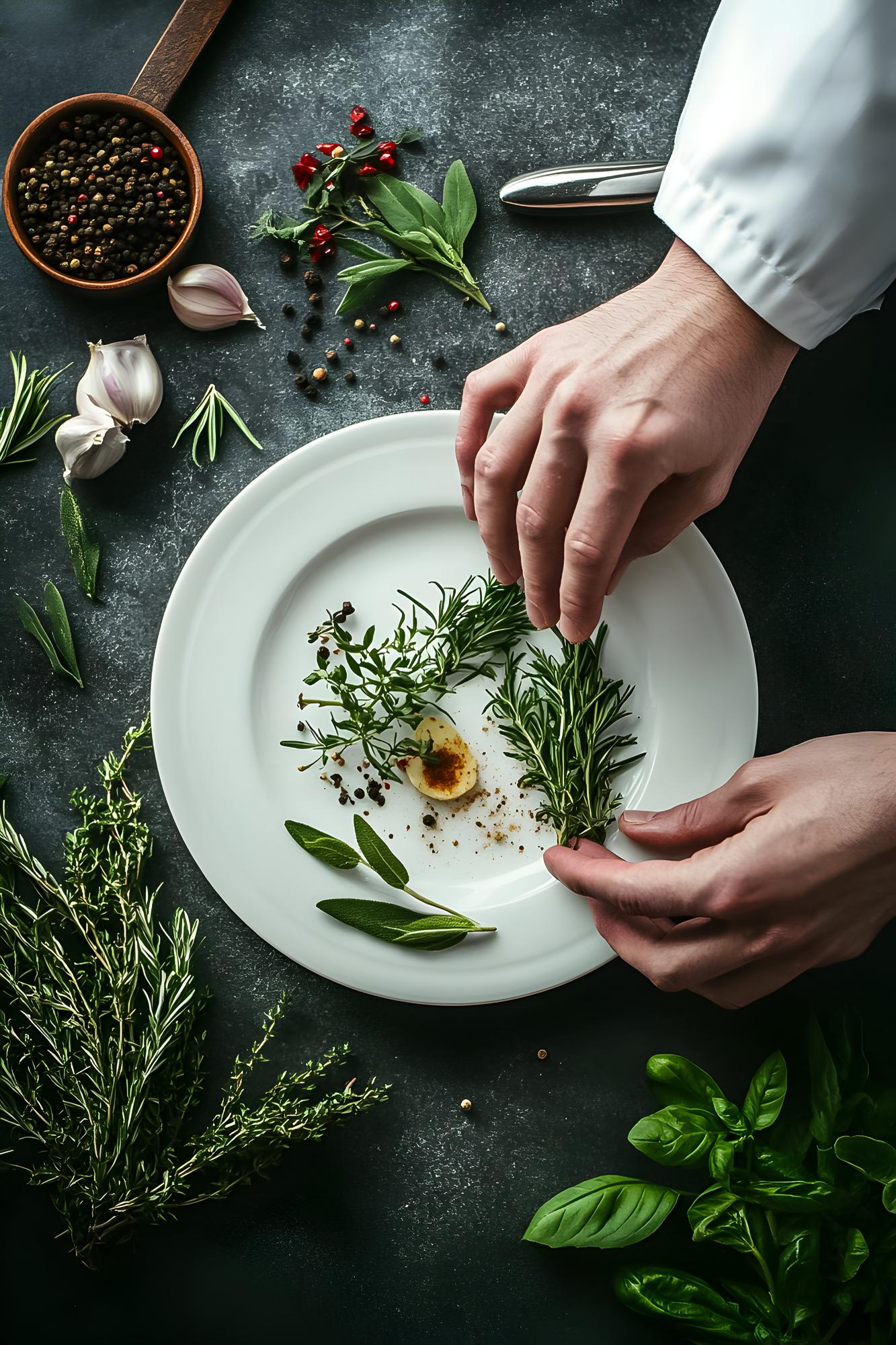 Chef che impiatta un piatto mediterraneo